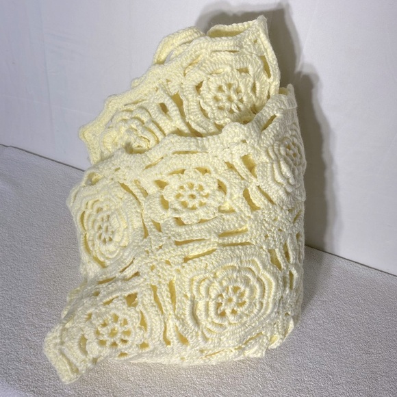 Vintage Handmade Cream Crochet Lace Granny Square Flower Afghan Blanket - Picture 1 of 14